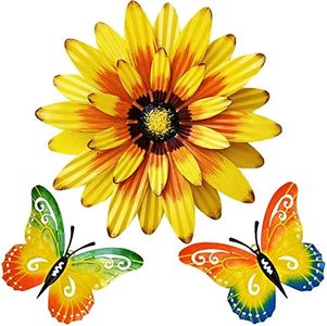 Meduofon Metal Flowers Wall Decor and Butterfly Wall Art, 3 PCS Metal Outdoor Wall Art Decor, Metal Fence Art Wall Sculptures for Indoor Outside Garden Patio Wall Decorations (Yellow&Green)