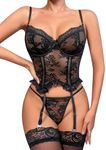 popiv Womens Lingerie Sexy Lingerie for Women Lace Garter Lingerie Set with Stockings 3 Piece Underwear and Panty Sets Black