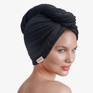 Brook + Bay Microfiber Hair Towel Wrap - Quick Dry Microfiber Towel for Hair - Anti-Frizz Plopping Turban - Machine Washable - Black