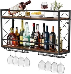 NEYCIL Wine Rack Wall Mounted 2 Tier Wall Wine Rack with Glass Holder, Double Layer Anti-Drop Crossbar, 31.5" Metal Wood Wall Mount Wine Holder for Home Kitchen Dining Room Coffee Shop Bar, Black