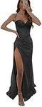 Women's Sequin Mermaid Prom Dresses with Slit Spaghetti Straps Long Ball Gown for Teens Sparkly Formal Gowns, Black, 14