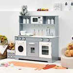 HONEY JOY Kids Kitchen Playset, Wooden Pretend Play Kitchen Set for Toddlers, Cookware Utensils, Telephone, Realistic Microwave, Water Dispenser, Large Storage Cabinet, Gift for Boys Girls, Gray