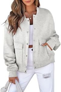 EVALESS Women's Fall Varsity Bomber Jackets Long Sleeve Cropped Button Down Casual Coat with Pockets Outwear Light Grey X-Large