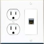 15 Amp Round Power Outlet 1 Port Cat6 Shielded Ethernet Wall Plate White