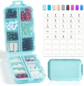 14 GRIDS Travel Pill Organizer Box with Labels - Travel Medicine Case Kit - Pocket Daily Pharmacy Container - Travel Medication Holder Dispenser for Fish Oil Vitamin Supplement Storage - Sky Blue