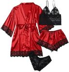 WDIRARA Women' Silk Satin Pajamas Set 4pcs Lingerie Floral Lace Cami Sleepwear with Robe Red Black XXL