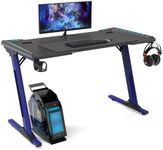 Ekkio RGB Gaming Desk Z Shape, Carbon Fiber Surface, LED Lighting, Ergonomic Design, Cable Management, Headphone and Cup Holder, for Home Office Bedroom, 140cm, Blue