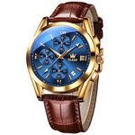 OLEVS Leather Watches for Men Chronograph Gold Large Face Mens Watches Luxury Blue Dial Quartz Watch for Men Waterproof Luminous Classic Analog Wrist Watches for Men, Montre Pour Homme