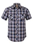 COEVALS CLUB Men's Western Cowboy Short Sleeve Pearl Snap Casual Plaid Work Shirts, Blue,white,7, Medium