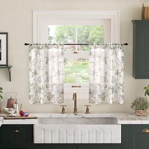 Lajode Floral Sheer Curtains for Windows, Short Semi Sheer Light Filtering Vintage Farmhouse Basement Half Cafe Curtains 24 Inch Length 2 Panels Set, Rod Pocket, Grey, Each 30 Inch Wide