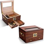 CIGARLOONG Cigar Humidor with Hygrometer and Humidifier Large Capacity Double Layer with Drawer Holds 25-46 Cigars for Office/Home Indoor use(Brown)