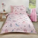 Dreamscene Unicorn Kingdom Duvet Cover with Pillow Case Reversible Star Stripe Bedding Set, Girls Fairy Castle Pink - Single