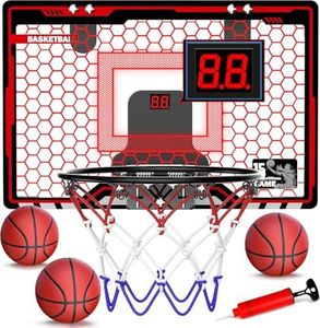 Hot Bee Indoor Basketball Hoop for Kids, Indoor Over The Door Mini Basketball Hoops, LED Light Mini Hoop with Electronic Scoreboard, Red Basketball Game Toys Gifts for 5-12 Year Old Boys