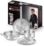 Bergner Tripro Triply Stainless Steel 4 Pc Cookware Set, 24 cm Indian Wok/Kadai with Lid, 22 cm Frypan, 16 cm Tea Pan, Even and Fast Heating, Induction Bottom, Gas Ready, Silver