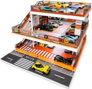 Display Case for Hot Wheels: Toy Car Garage Diorama with LED Lights, Freestanding 3-Level City Parking Lot Scene with Ramps for 1/64 Diecast Cars, Storage Display Stand Holds Up to 50+ Cars（Orange）