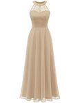 Wedtrend Halter Floral Lace Long Chiffon Bridesmaid Cocktail Party Dress WT0201ChampagneS