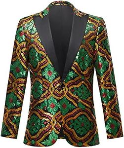 CARFFIV Men Fashion Colorful Pattern Sequins Suit Jacket (Green, 3XL)