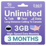 USA Prepaid Sim Card (Uses T-Mobile), Unlimited Talk, Text, Data & 3GB High-Speed Data, Quick Activation, Reloadable, Easy to Use, Jethro Mobile US SIM Card for Canadian Travelers (3 Month)