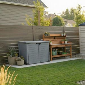 Duramax Cedargrain 1200L Plastic Garden Storage Shed – Grey, Flat Lid, Fits 2x 240L Bins, 145x85x125cm