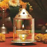 Ein Sof Akhand Diya for Puja - Decorative Brass Oil Lantern with Glass Cover, Gold Lamp Tea Light Holder, Diwali & Christmas Pooja Gift Item, Medium Size (Height 6 inch)