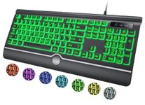 Large Print Backlit Computer Keyboard, 7-Color Backlit Keyboard with Wrist Rest, USB Plug-and-Play, Oversize Letters Keys Easy to See and Type, Wired Light Up Keyboard for Laptop, PC, Gaming