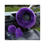 Ohleats 3PCS Pure Wool Steering Wheel Cover, 15 Inches Furry Steering Wheel Protector with Handbrake & Gear Shift Cover, Universal Soft Fluffy Steering Wheel Car Accessories (Purple)