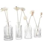 MyGift Clear Glass Reed Diffuser Bottle - Vintage Style Small Flower Bud Vase, Apothecary Ribbed Decorative Bottles, 4 Piece Set