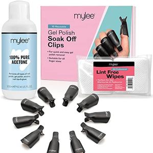 Mylee Gel Nail Polish Remover Set - Pure Acetone 300ml + 100pcs Lint Free Wipes + 10pcs Soak Off Nail Clips - Gel Nail Polish Remover, Removal Pads, Reusable Clips, Manicure Pedicure, Home & Salon Use