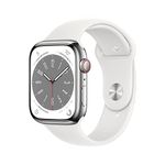 Apple Watch Series 8 [GPS + Cellular 45 mm] Smart Watch w/Silver Stainless Steel Case with White Sport Band. Fitness Tracker, Blood Oxygen & ECG Apps, Always- On Retina Display, Water Resistant