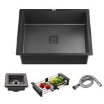 Handmade Kitchen Sink (22X18X10 Inch) Single Bowl Black, Matte Brushed Finish Premium Stainless Steel with Nanocoated Undercoating and Square Coupling and Metal Fruit Basket