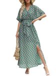 ANRABESS Women’s Summer Loose Boho Flowy Wrap V Neck 3/4 Sleeve Floral Print Slit Beach Wedding Guest Long Maxi Dresses 2024, Floral Green Pink, Large