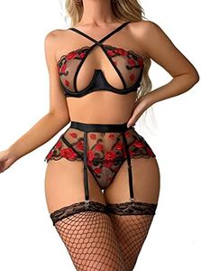 WDIRARA Women's Plus Lip Embroidery Cut Out See Through Mesh Underwire Garter Lingerie Set with Stockings Black 2XL, Black