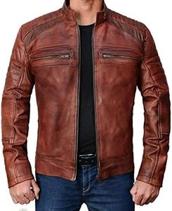 LP-FACON Mens Motorcycle Leather Jacket With Armor | Vintage Cafe Racer Powersports Protective Gear Moto Biker Padded Jacket, Brown, Medium