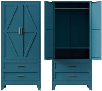 COFaR Metal Armoire Wardrobe Closet with Drawers, 71'' Tall Farmhouse Bedroom Armoires with Doors, Freestanding Steel Wardrobe Cabinet Coat Closet for Bedroom Home Office Garage, Peacock Blue