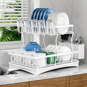 Dish Drying Rack for Kitchen Counter, 2 Tier Stainless Steel ​Sinkside Dish Racks with Drainboard Set, Stainless Steel Rustproof Dish Drainer with Drainboard, Kitchen Removable Cutlery Holder, White
