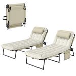Outsunny 2 Pieces Folding Lounge Chairs with 4-Level Reclining Back, Tanning Chair with Cushion, Sun Lounger with Breathable Mesh Fabric, Side Pocket, Headrest, Beige