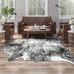 AROGAN Western Decor Faux Fur Cowhide Rug, 4.6 x 5.2 Feet Premium Animal Skin Cow Hide Rug, Sturdy Cow Print Rugs for Wall Decor, Western Floor Carpet for Bedroom Living Room, Black and Grey