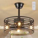 Caged Ceiling Fan with Lights Remote Control,20" Farmhouse Enclosed Ceiling Fan, 3 Speeds Adjustable, Flush Mount Bladeless Ceiling Fan,Bedroom Kitchen Living Room, 4xE12 Bulb Base Black (No Bulb)