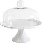YBK Tech Strength Porcelain Elegant Cake Display Stand Cupcake Stand- Embossed Lace Pattern (White, with Glass Dome Lid)
