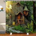 Woodland Waterproof Shower Curtain Tree House Decor Bathroom Shower Curtain Kids Boys Girls Fantasy Cartoon Illustration Art Shower Curtain with Hooks Fairy Tale Curtains,180x180cm