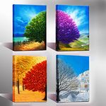 Wieco Art Four Change Seasons Trees Canvas Prints Wall Art by Oil Paintings Style Pictures for Living Room Bedroom Home Decorations 4 Piece Modern Gallery Wrapped Contemporary Colorful Giclee Artwork