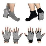 Yoga Gloves & Socks Set with Grips, Non Slip for Women Yoga/Dance/Pilates/Workouts with Toes Y-G-YG6 (2 Pairs Pilate Gloves and Sock - Black, Gray), 2 Pairs Pilate Gloves and Sock - Black, Gray, One Size