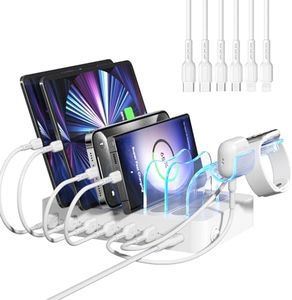 SooPii Multi-Device Charging Station, 50W 6-Port Multi-USB Charging Station with 2-in-1 i-Watch Charging Holder and 6 Charging Cables, Designed for iPad, Mobile Phones, Tablets and Others (White)