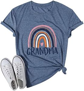 Grandma Shirts Women Funny Cute Rainbow Graphic Tees Letter Print Short Sleeve Grandmother Tops, Blue, Small