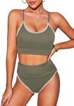 Herseas 2 Piece High Waisted Bikini Set for Women Color Block Striped Sporty 2024 Swimsuit Knit Ribbed Swim Bathing Suit, G, Small