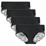 LIQQY Women's 4 Pack Cotton Mid Rise Full Coverage Lace Hipster Brief Panty Knicker Underwear (Small, Black)