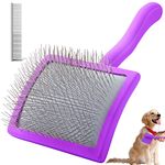 YOPETAYU Dog Slicker Brush for Shedding and Grooming Medium or Long Haired Cats, Extra Long & Soft Pin Slicker Brush for Removes Loose Hair, Tangles, Knots, Undercoat, Free Pet Comb, Large Purple