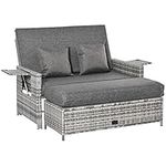 Outsunny 2 Piece Rattan Outdoor Daybed, Patio Furniture 2 Seater Sofa Set with Footstool, Storage, Cushions and Pillows for Garden, Patio, Mixed Grey