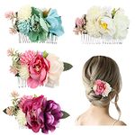 4 Pack Artificial Flower Metal Hair Side Combs Slide Clips With Teeth Floral Bows Hairpins Grips Barrettes Clamps Headpieces for Women Wedding Decorative Holiday Party Bun Chignon Twist Accessories