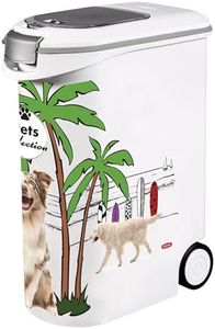 Curver Pets Collection Dog Food Container, Large Airtight Odour Proof Storage Bin with Dual Lid Openings and Scoop Compartment, Durable Design with Handles and Wheels, 54L 20kg, White